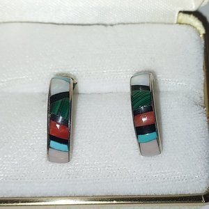 Sterling Silver Multi-Stone Zuni Inlay Petite earrings Signed RU